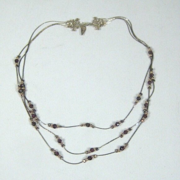 Sterling Silver Glass Beaded Triple Strand Necklace 16 Inch Choker 925 Israel - Picture 1 of 12
